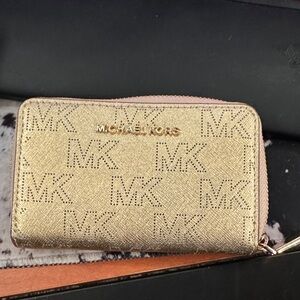 Michael Kors Gold Metallic Perforated MK Zip Wallet
